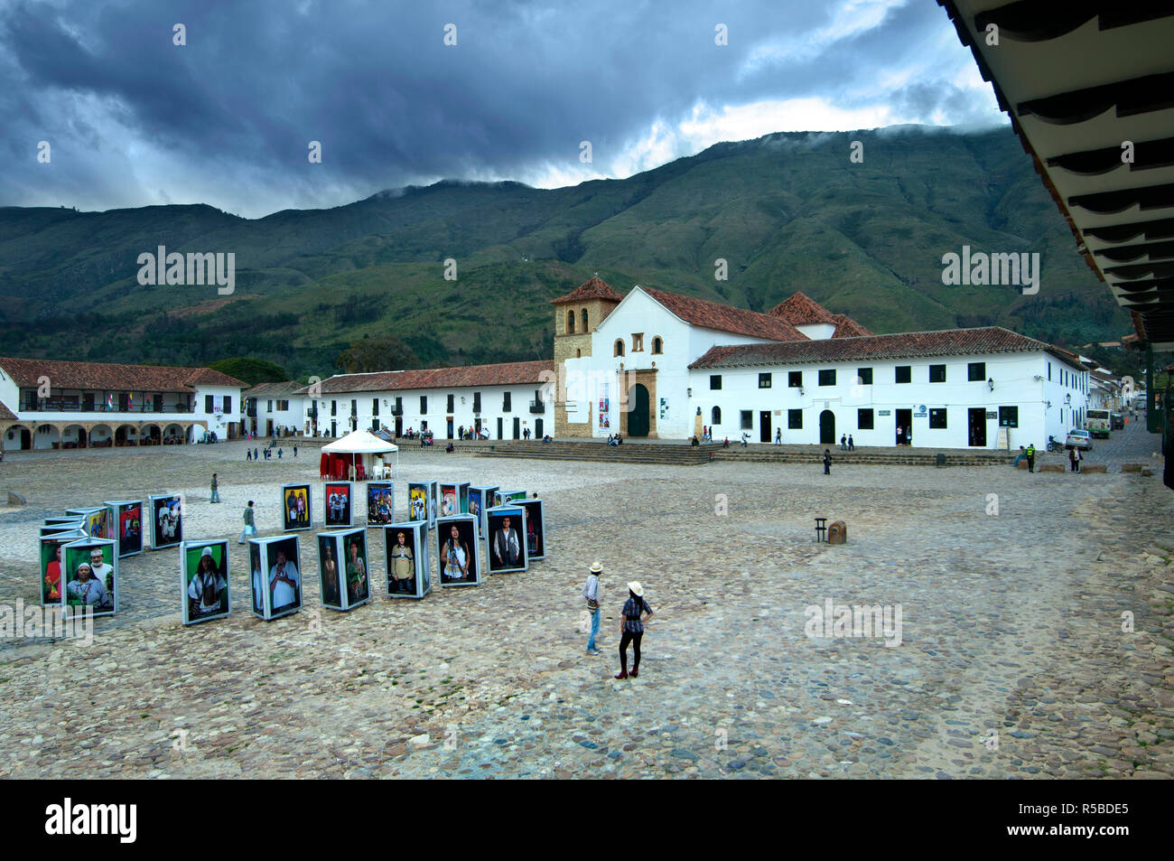 Colombia, Villa de Leyva, Boyaca Province, National Monument, Plaza Mayor, Largest Plaza In The Country, Iglesia Parroquial Stock Photo