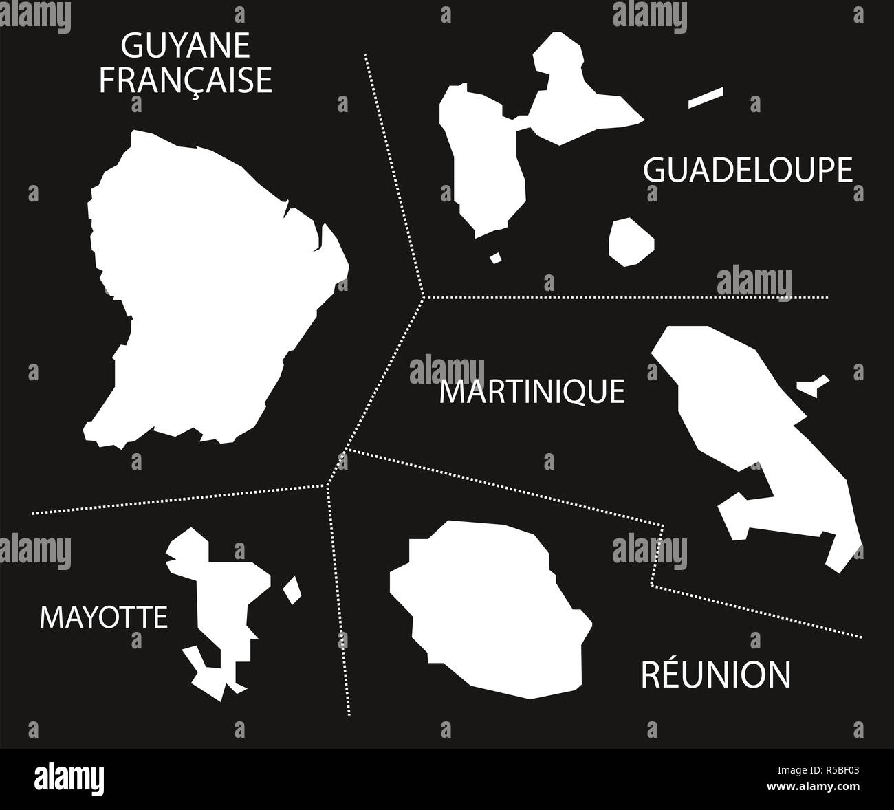 Oversea Departments France map black inverted silhouette illustration ...