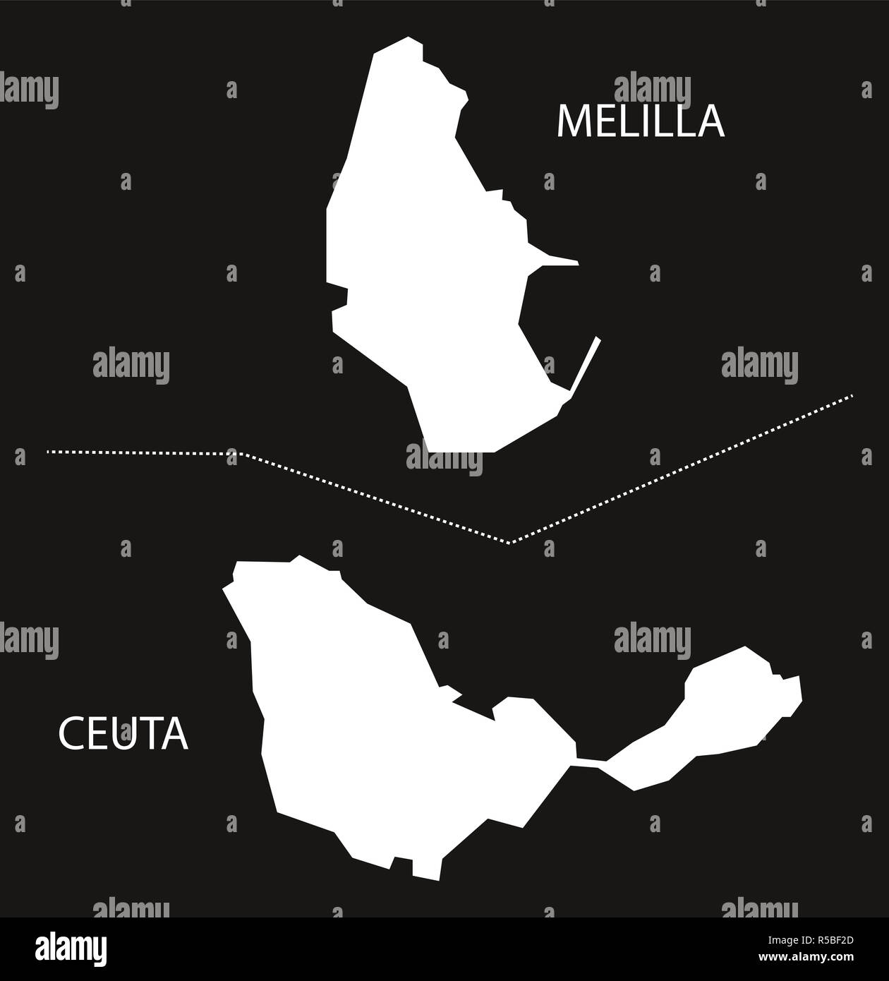 Melilla and Ceuta Spain map black inverted silhouette illustration Stock Photo