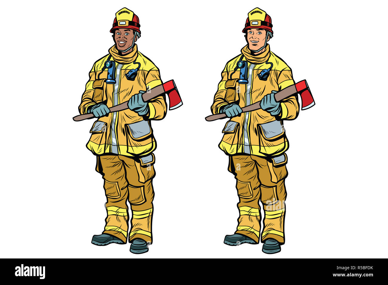 African American and Caucasian firemen in uniform with axes Stock Photo