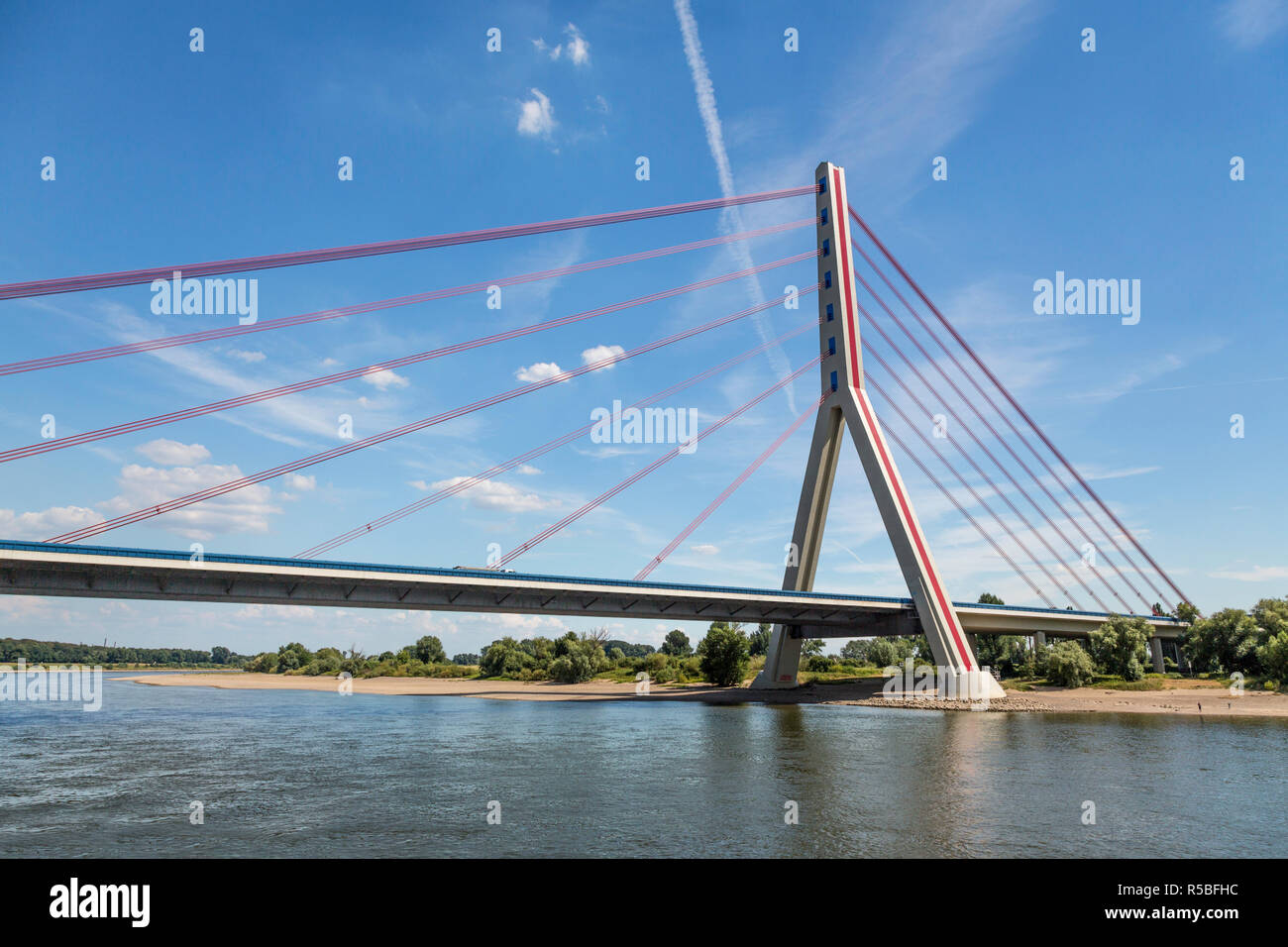 Rhine River, Dusseldorf, Germany.  Flehe Bridge, Carrying Motorway A46 across the Rhine. Stock Photo