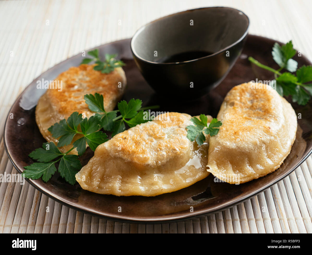 Japanese dumplings with a mushroom vegetable filling. Stock Photo