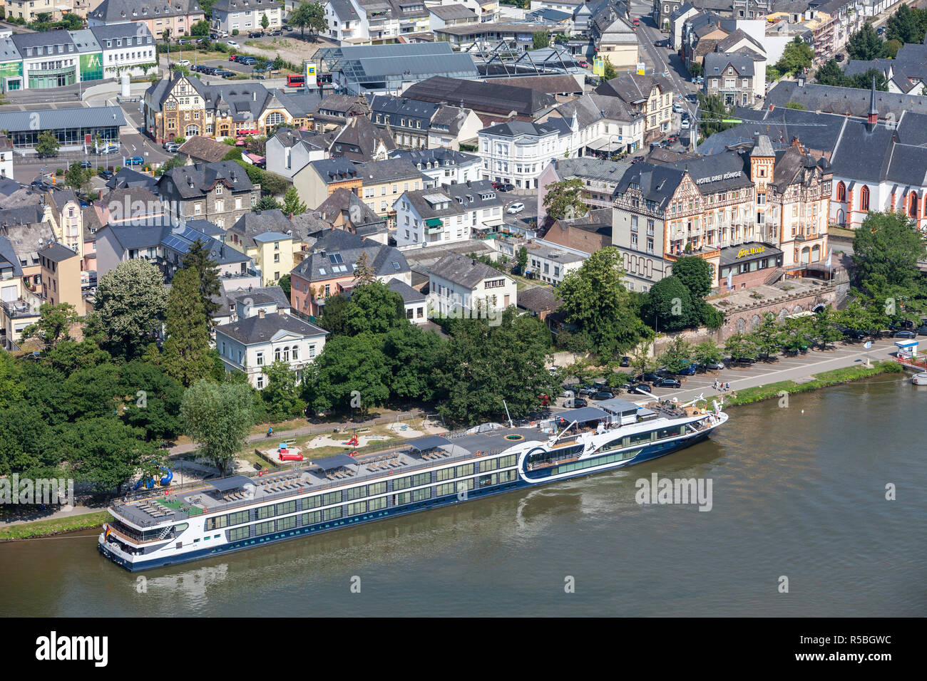 Bernkastel-Kues, Germany, with  Moselle River Cruise Boat. Stock Photo