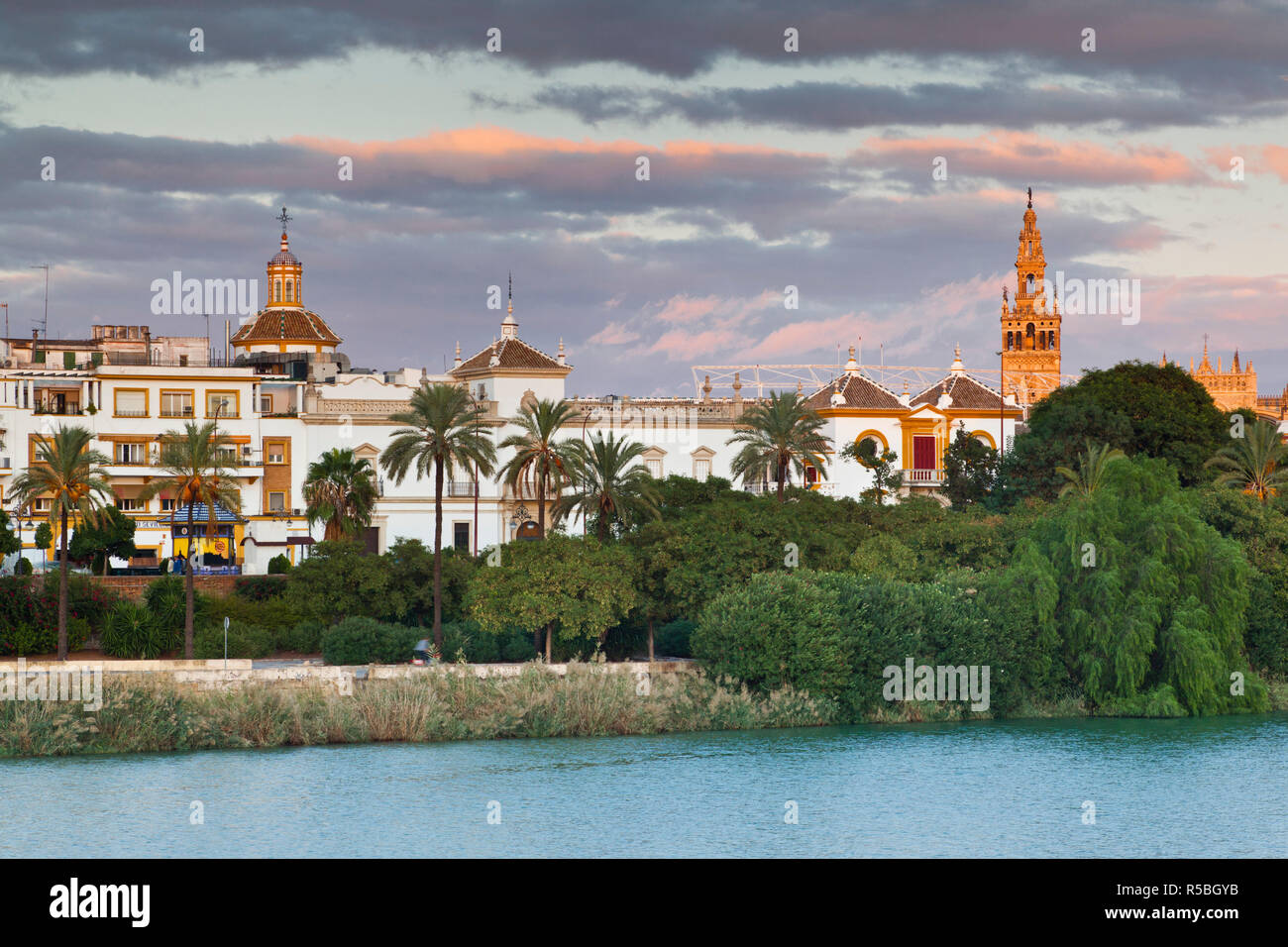 Spain, Andalucia Region, Seville Province, Seville, Waterfront view along the Rio Guadalquivir River Stock Photo