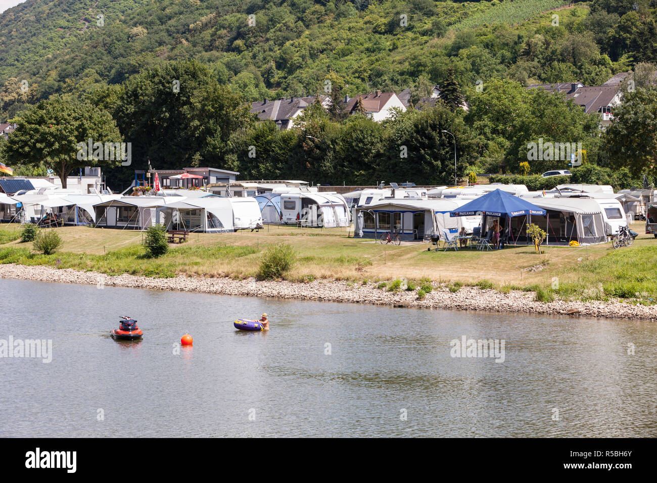Burgen, Germany.  Campground along the Moselle. Stock Photo