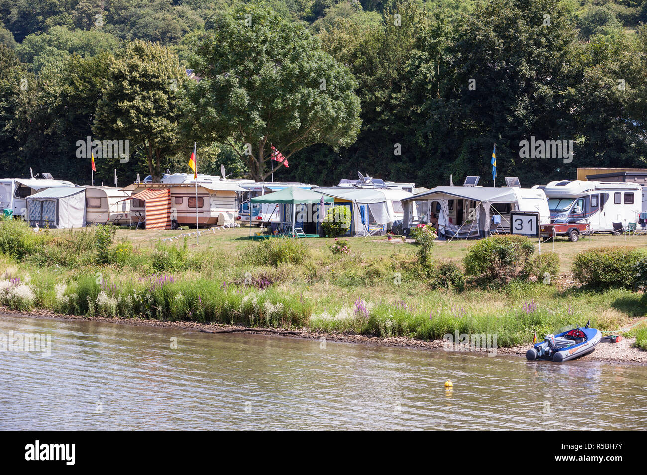 Burgen, Germany.  Campground along the Moselle. Stock Photo