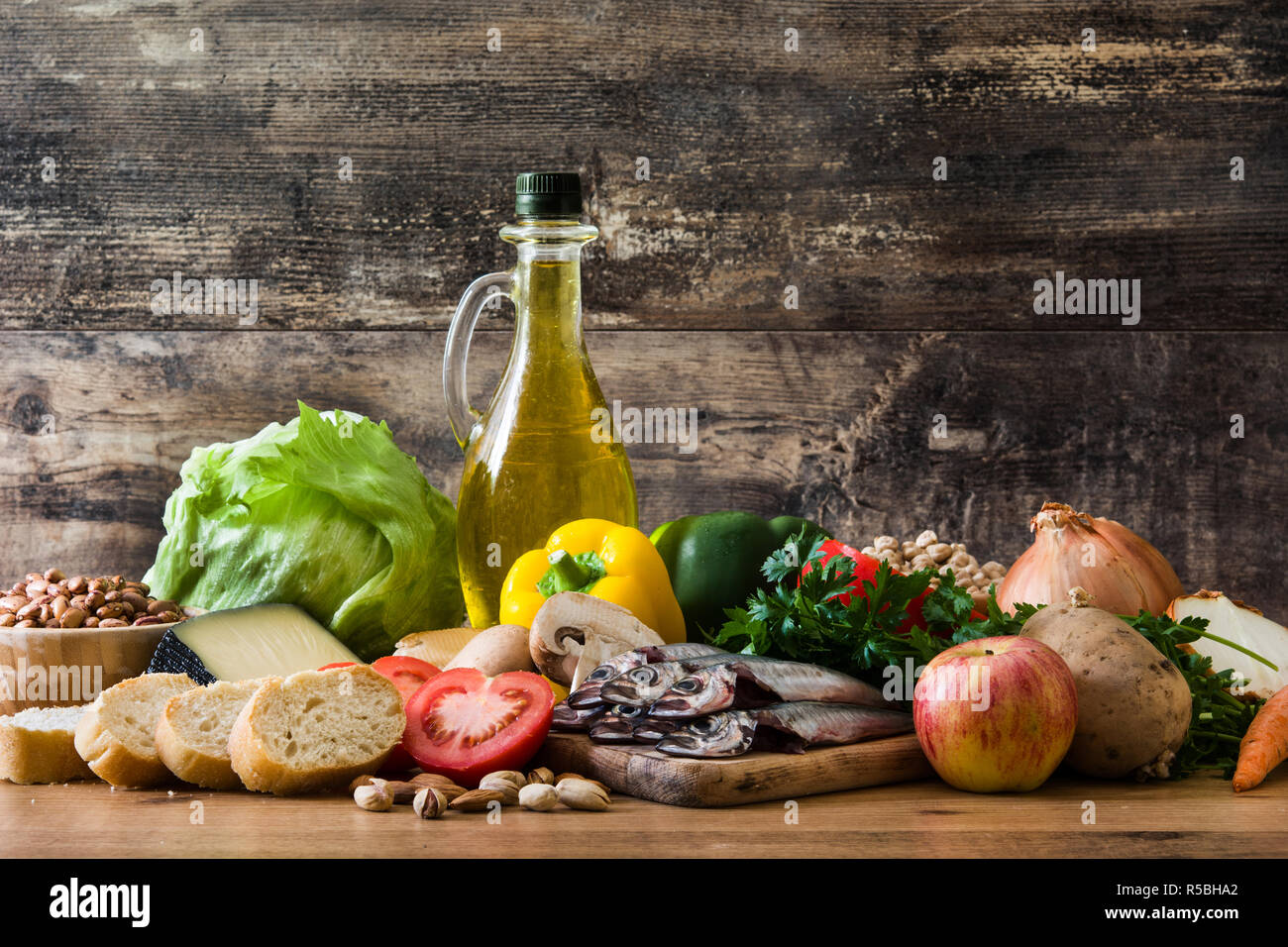 Healthy eating. Mediterranean diet. Fruit,vegetables, grain, nuts olive