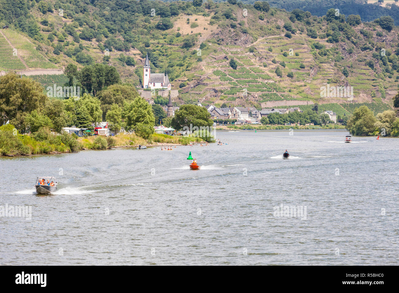 Hatzenport, Germany, on the Moselle.  Summer Boating and Swimming. Stock Photo