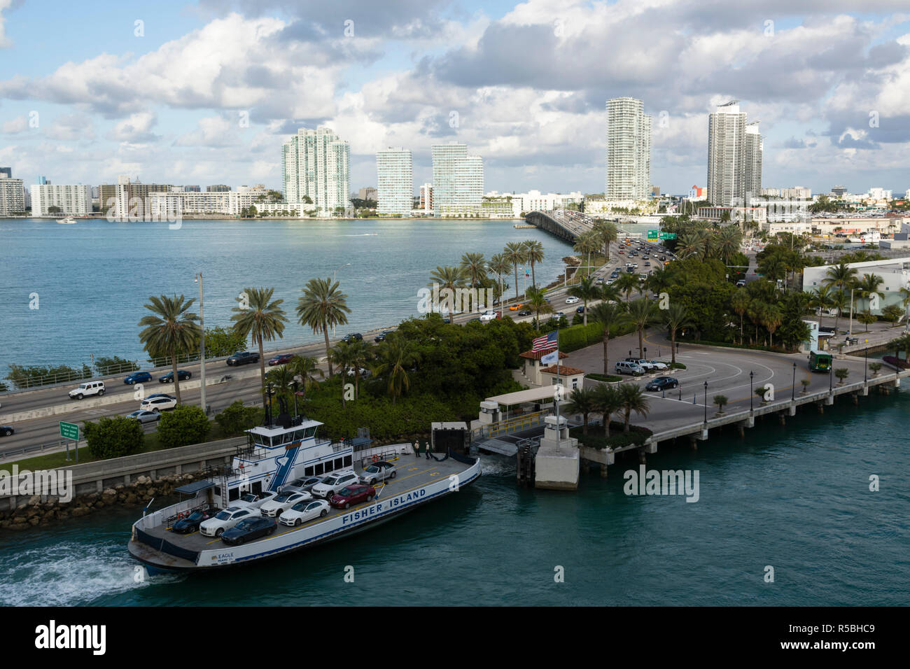MacArthur Causeway and modern buildings of South Beach, Miami Beach, Florida, USA. Stock Photo