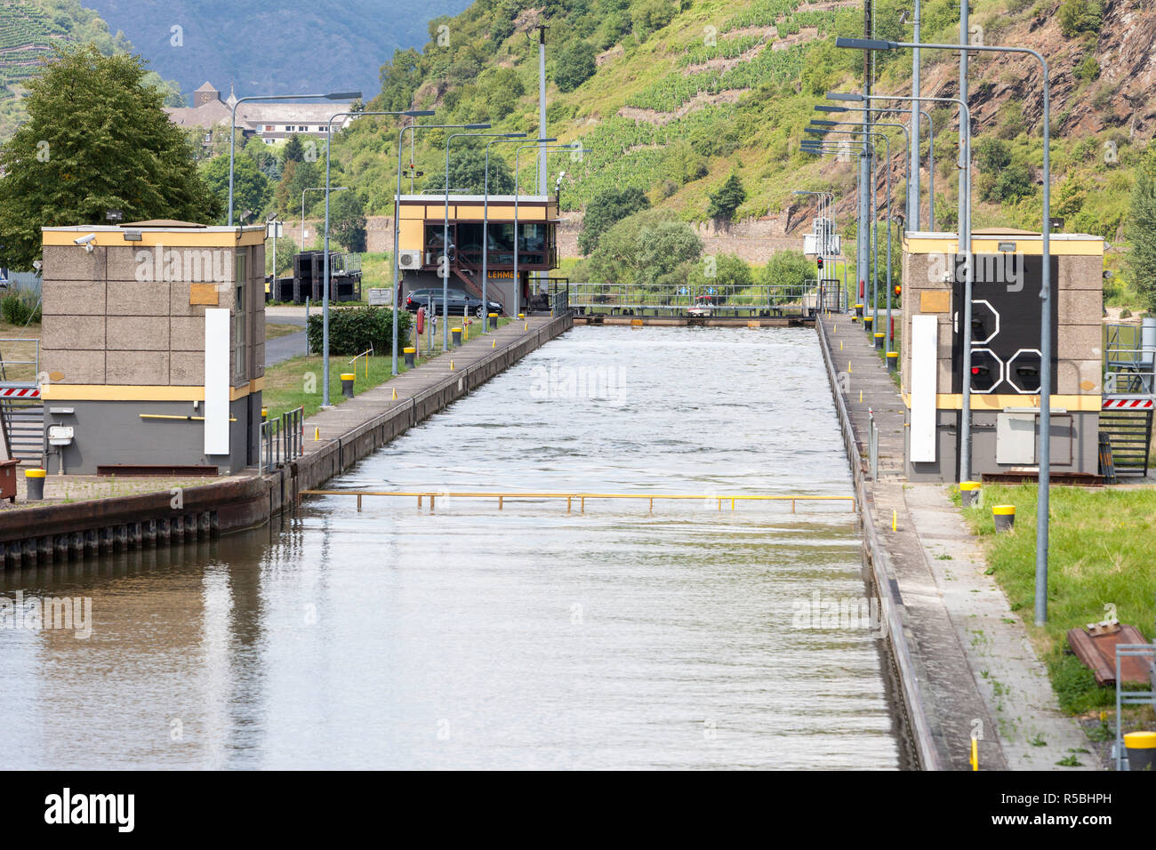 Lehman, Germany.  Boat Lock on the Moselle Preparing to Receive a Boat. Stock Photo