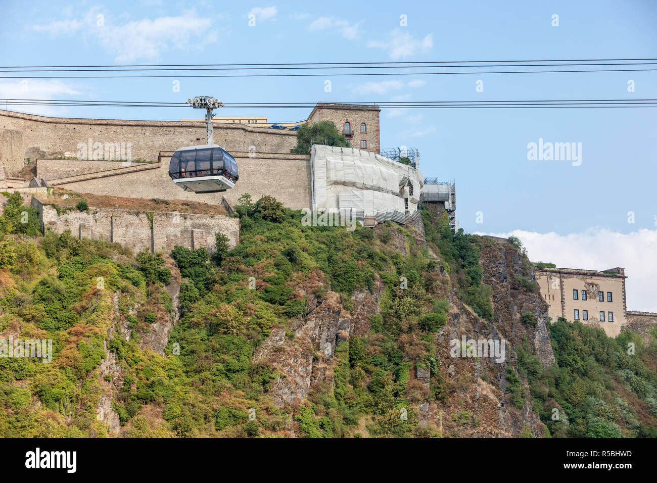 Koblenz, Germany.  Cable Gondolas going to Ehrenbreitstein Castle. Stock Photo
