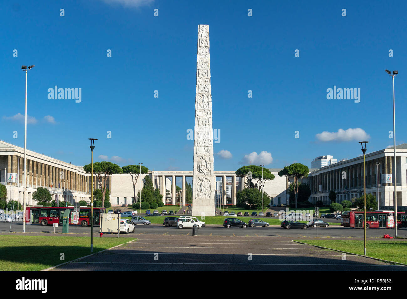 The Obelisk of Marconi in the Piazza Guglielmo Marconi, built for the Esposizione Universale Roma  1942.  EUR, Rome, Italy. Stock Photo