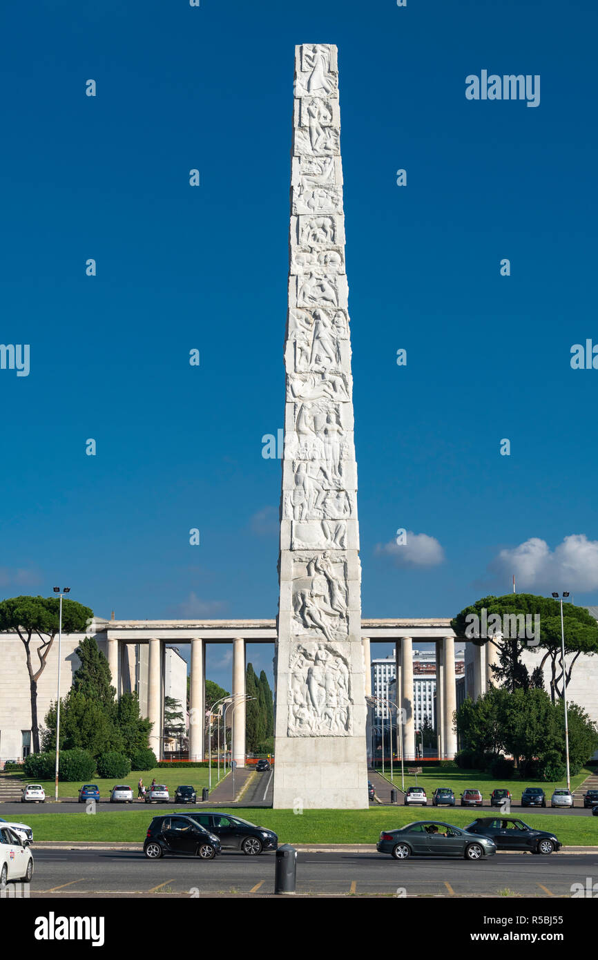 The Obelisk of Marconi in the Piazza Guglielmo Marconi, built for the Esposizione Universale Roma  1942.  EUR, Rome, Italy. Stock Photo