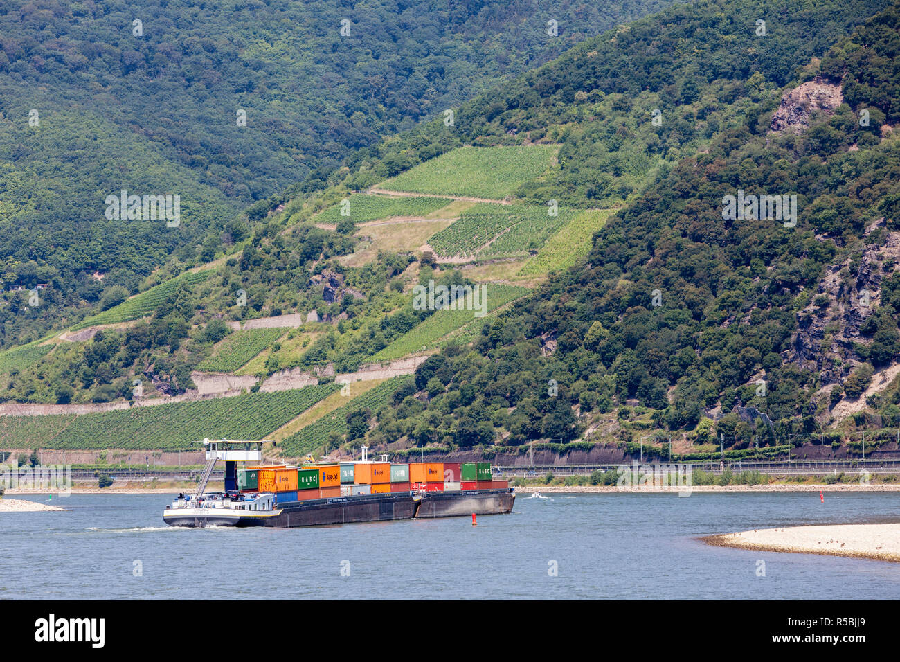 Rhine River Valley, Germany.  Boat Traffic on the Rhine. Stock Photo