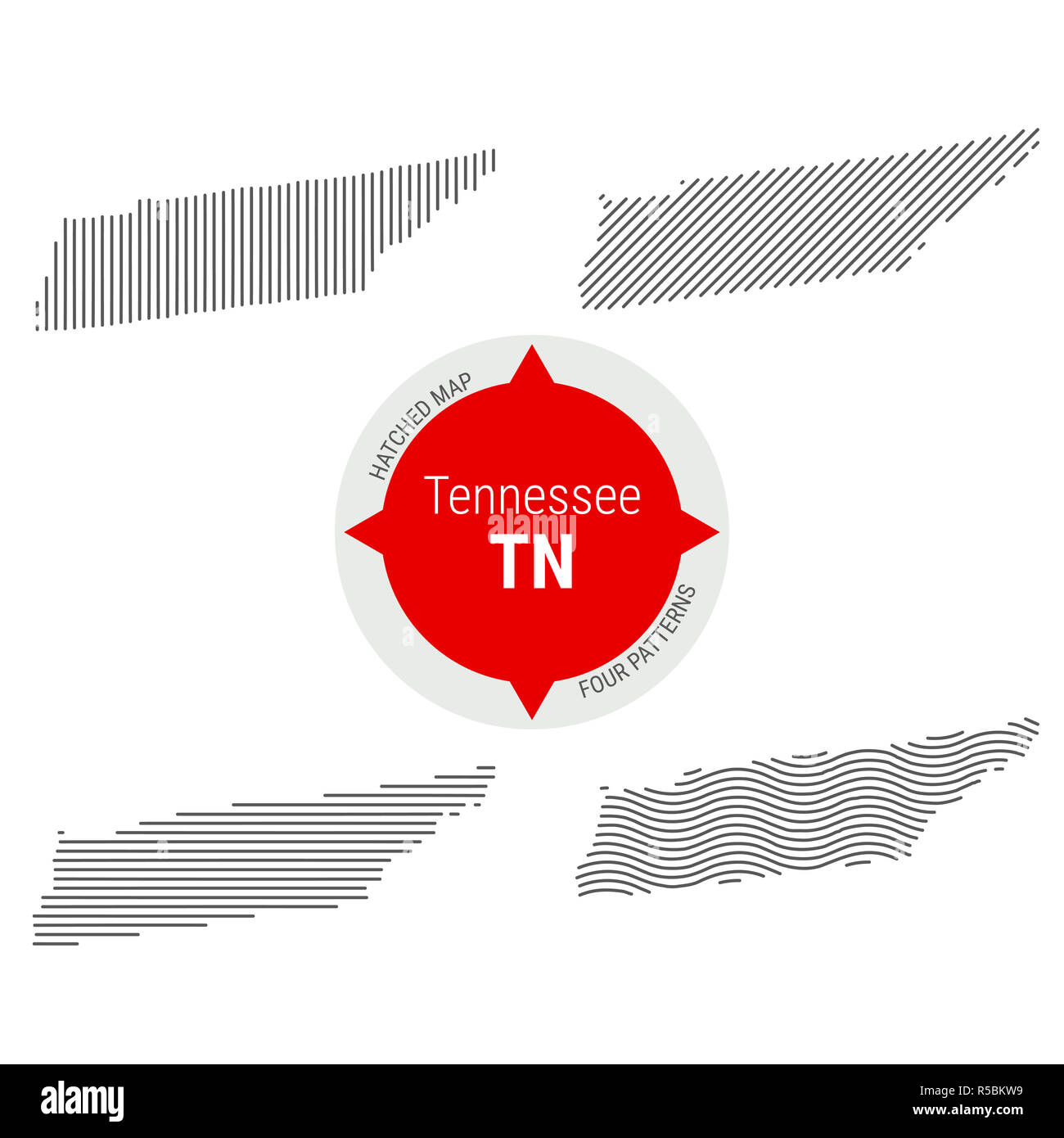 Hatched Pattern Map of Tennessee. Stylized Simple Silhouette of Tennessee. Four Different Patterns. Illustration Isolated on White Background. Stock Photo
