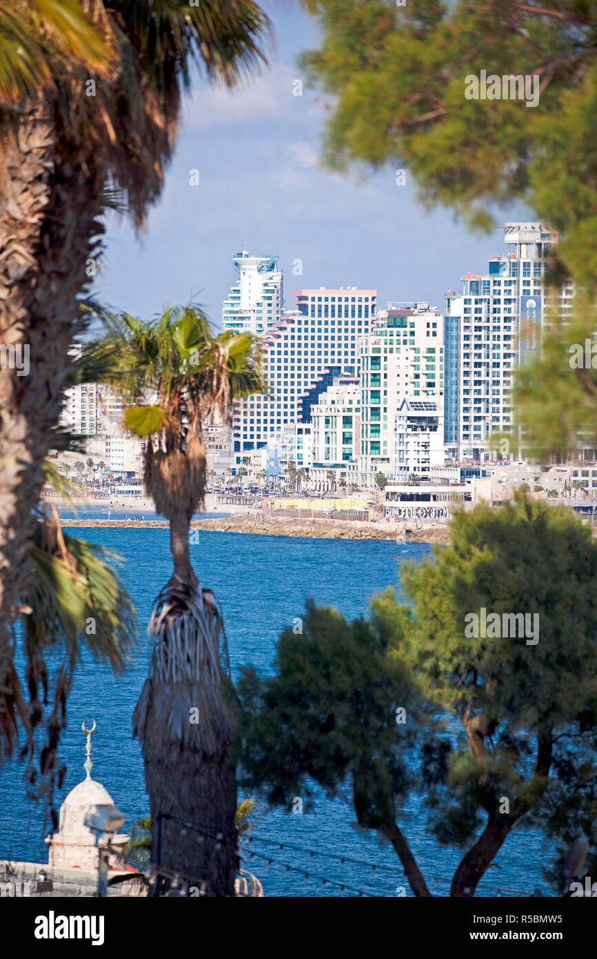 Israel, Tel Aviv, Jaffa, view of beachfront with downtown buildings Stock Photo