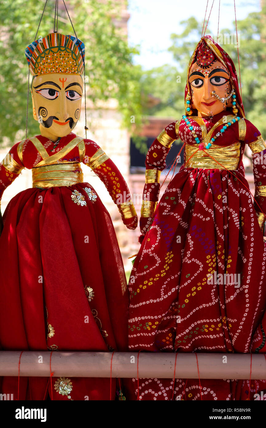 Rajasthani puppets (Kathputli) have been displayed on a shop at Mehrangarh Jodhpur, Rajasthan. Kathputli is a string puppet theatre of Rajasthan. Stock Photo
