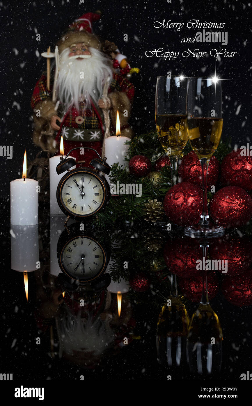 Two Wine Glasses With Champagne Santa Claus Clock And Christmas