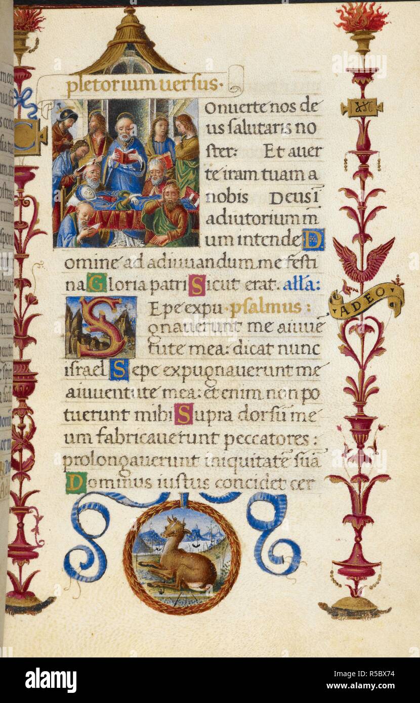 The Dormition of the Virgin. Mirandola Hours. Italy, circa 1490-1499. [Whole folio] Opening of Compline. Dormition of the Virgin; all'antica borders; in lower border, a medallion with a deer lying down, and hills and water in the distance. Psalm 84, 5; beginning of Psalm 128 with initial 'S' formed of branches against a scenic background Image taken from Mirandola Hours. Originally published/produced in Italy, circa 1490-1499. Source: Add. 50002, f.46. Language: Latin. Stock Photo