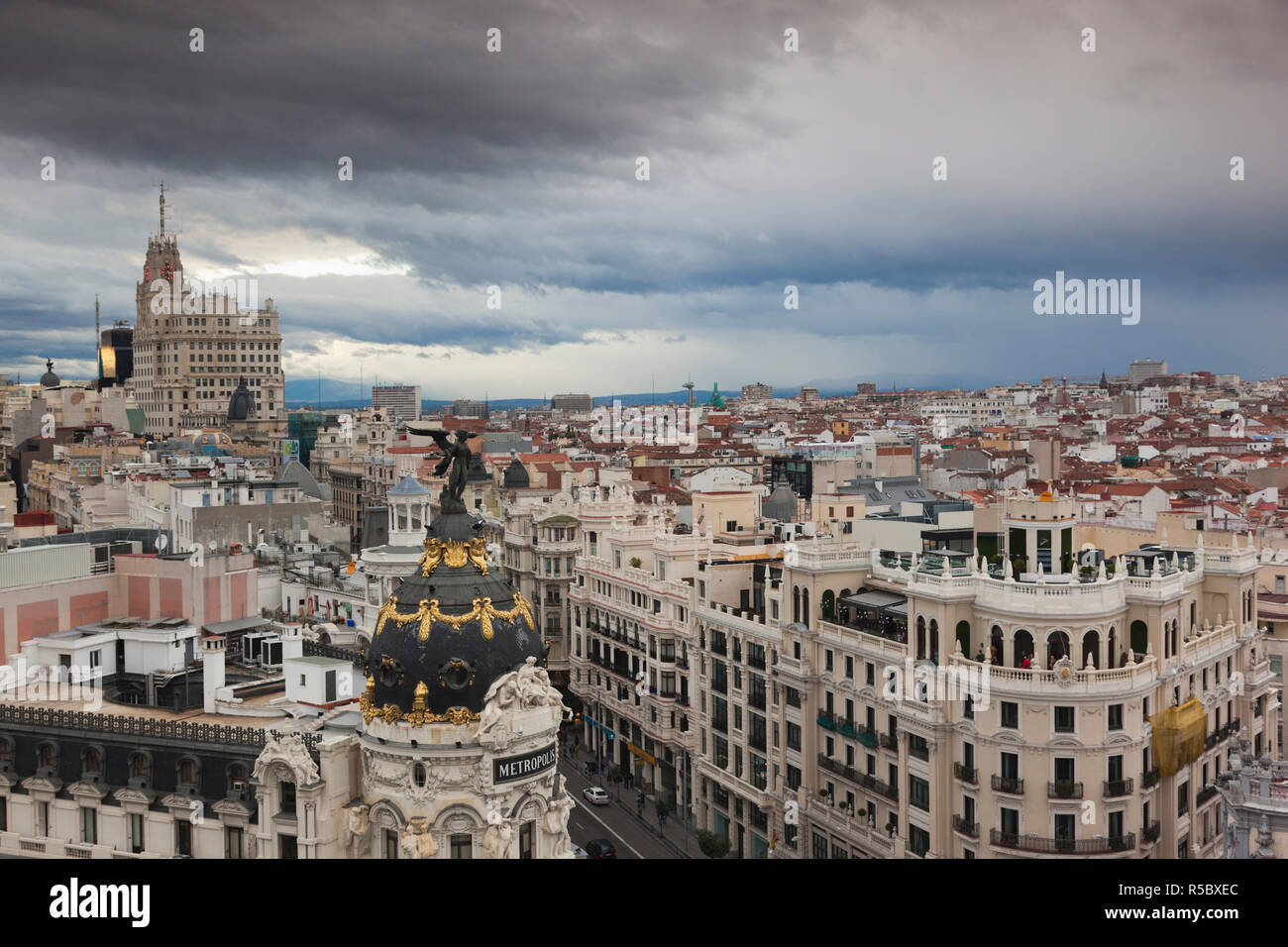 Spain, Madrid, elevated view of the Gran Via and the Metropolitan Building from the  Circulo de Bellas Artes Stock Photo