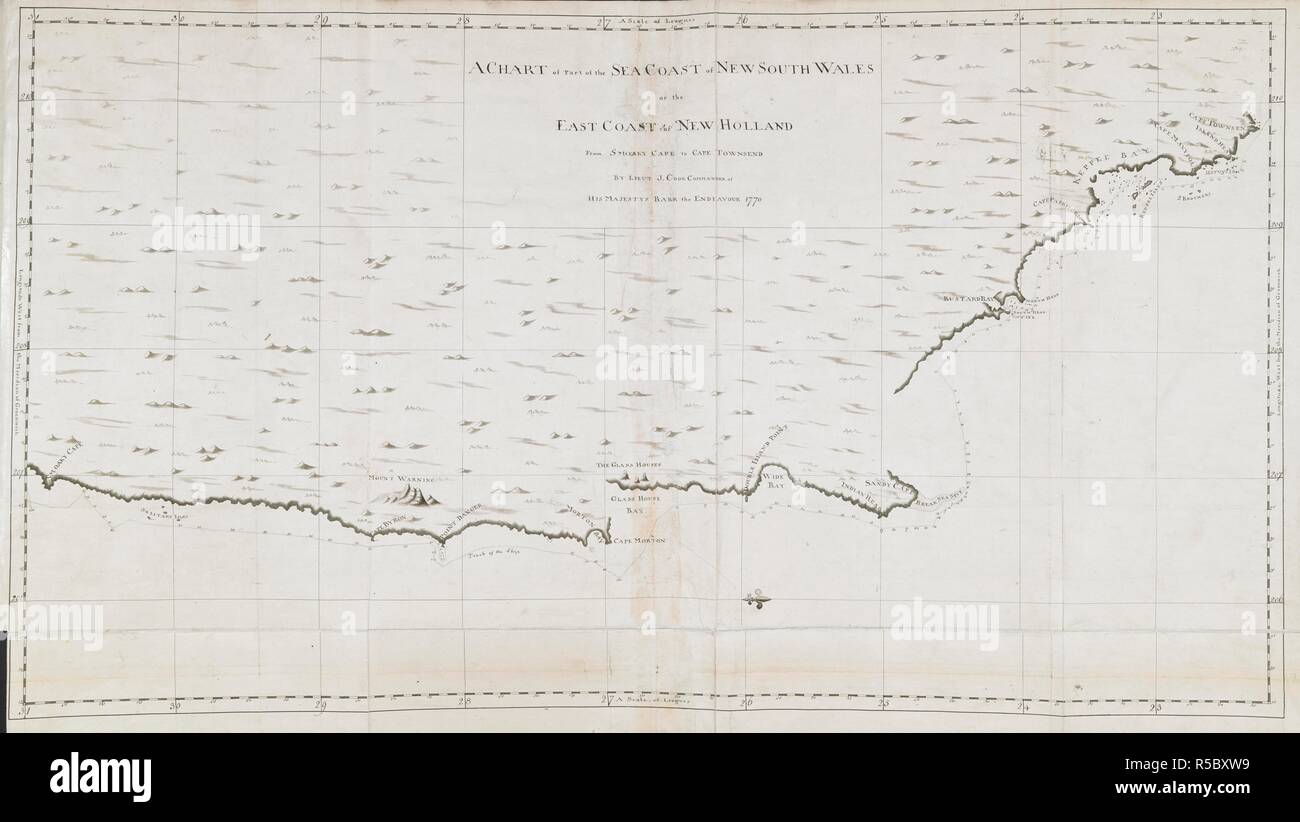 A chart of part of the sea coast of New South Wales, on the east coast of New Holland, from Smoaky Cape to Cape Townsend; drawn by Lieut. James Cook, 1770. Charts, Plans, Views, and Drawings taken on board the Endeavour during Captain Cook's First Voyage, 1768-1771. 1770. Ms. 3 f. 4 in. x 1 f. 10 1/2 in.; 102 x 57 cm. Source: Add. 7085, No.37. Stock Photo