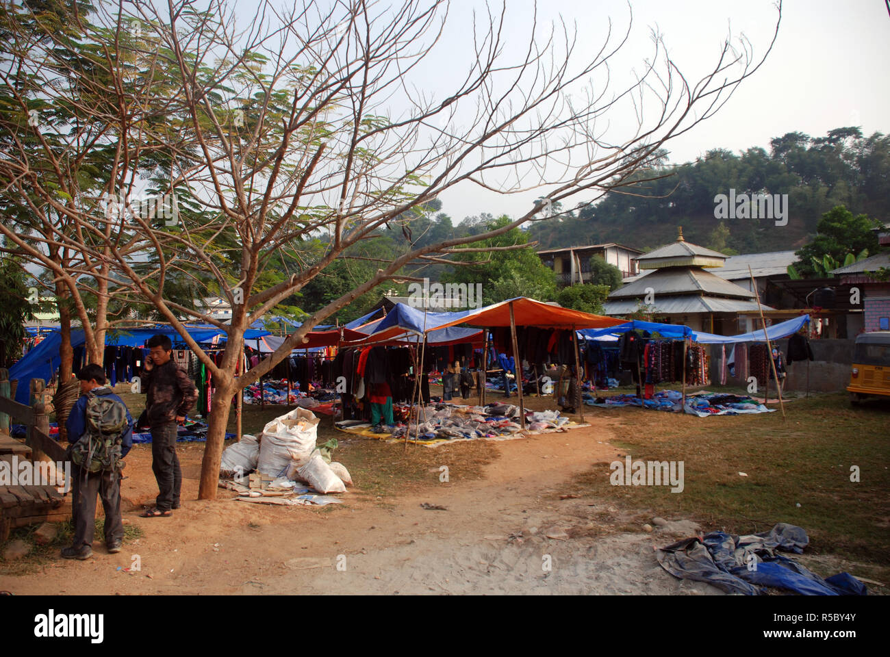 The market in the Nepal town of tumlingtar Stock Photo