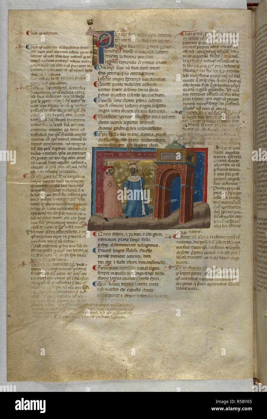 Inferno: Dante and Virgil arrive at the gates of hell. Dante Alighieri, Divina Commedia ( The Divine Comedy ), with a commentary in Latin. 1st half of the 14th century. Source: Egerton 943, f.6v. Language: Italian, Latin. Stock Photo