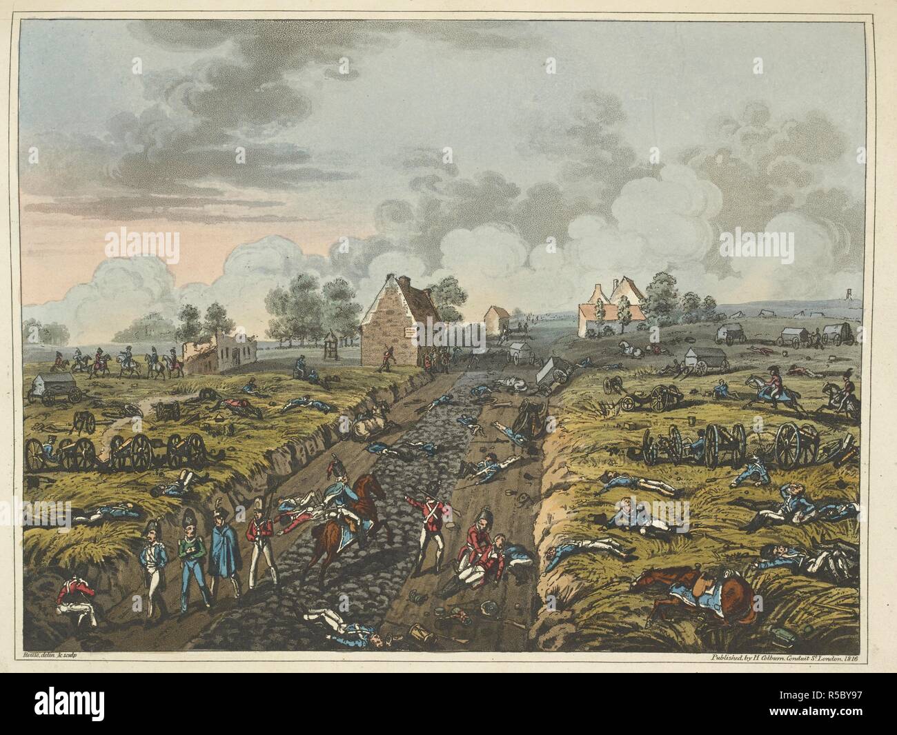 La Belle Alliance, the centre of the French position. Dead and wounded soldiers laying around, the wreckage of the battlefield. An Historical Account of the Campaign in the Netherlands, in 1815, under His Grace the Duke of Wellington, and Marshal Prince Blucher, comprising the battles of Ligny, Quatrebras, and Waterloo; with a detailed narrative of the political events connected with those memorable conflicts down to the surrender of Paris, and the departure of Bonaparte for St. Helena ... Embellished with ... plates ... from drawings ... by James Rouse. London : Henry Colburn, 1817. Source: 1 Stock Photo