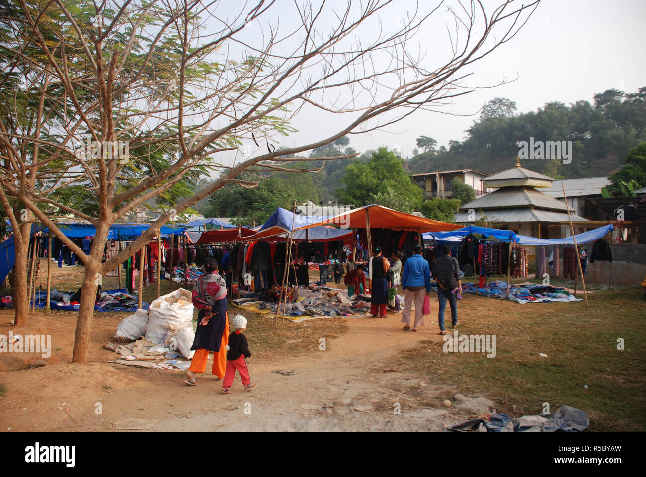 The market in the Nepal town of tumlingtar Stock Photo