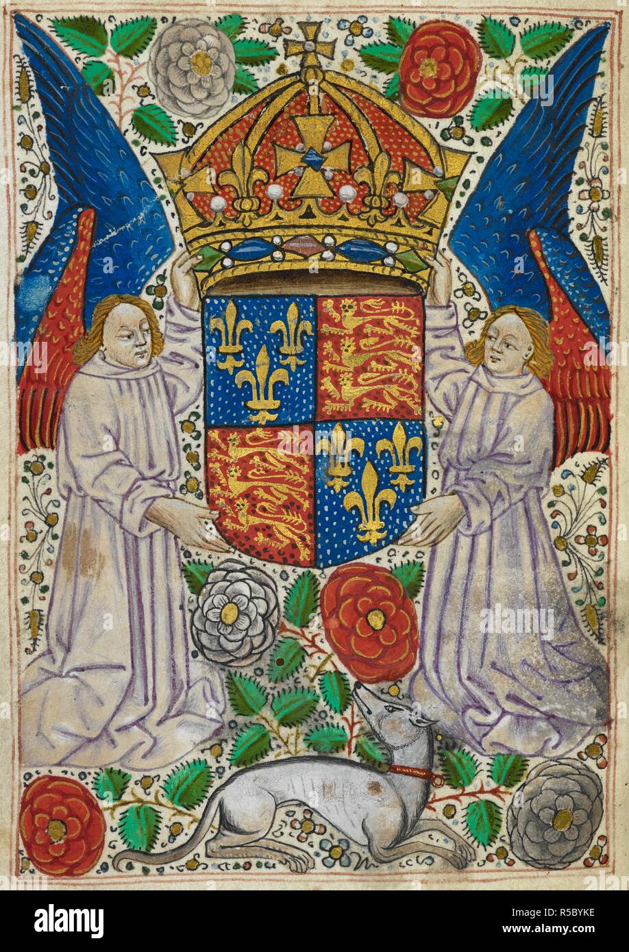The royal arms, supported by angels, together with the white and red roses of York and Lancaster, and the white greyhound and red dragon of Henry VII. . ' Petri Carmeliani Brixiensis poete suasoria Leticie ad Angliam pro sublatis bellis ciuilibus et Arthuro principe nato epistola ' : a Latin elegiac poem in. praise of Henry VII. and in celebration of the birth of Prince Arthur in 1486 by Peter Carmelianus of Brescia. 1486. Source: Add. 33736 f.1v. Stock Photo