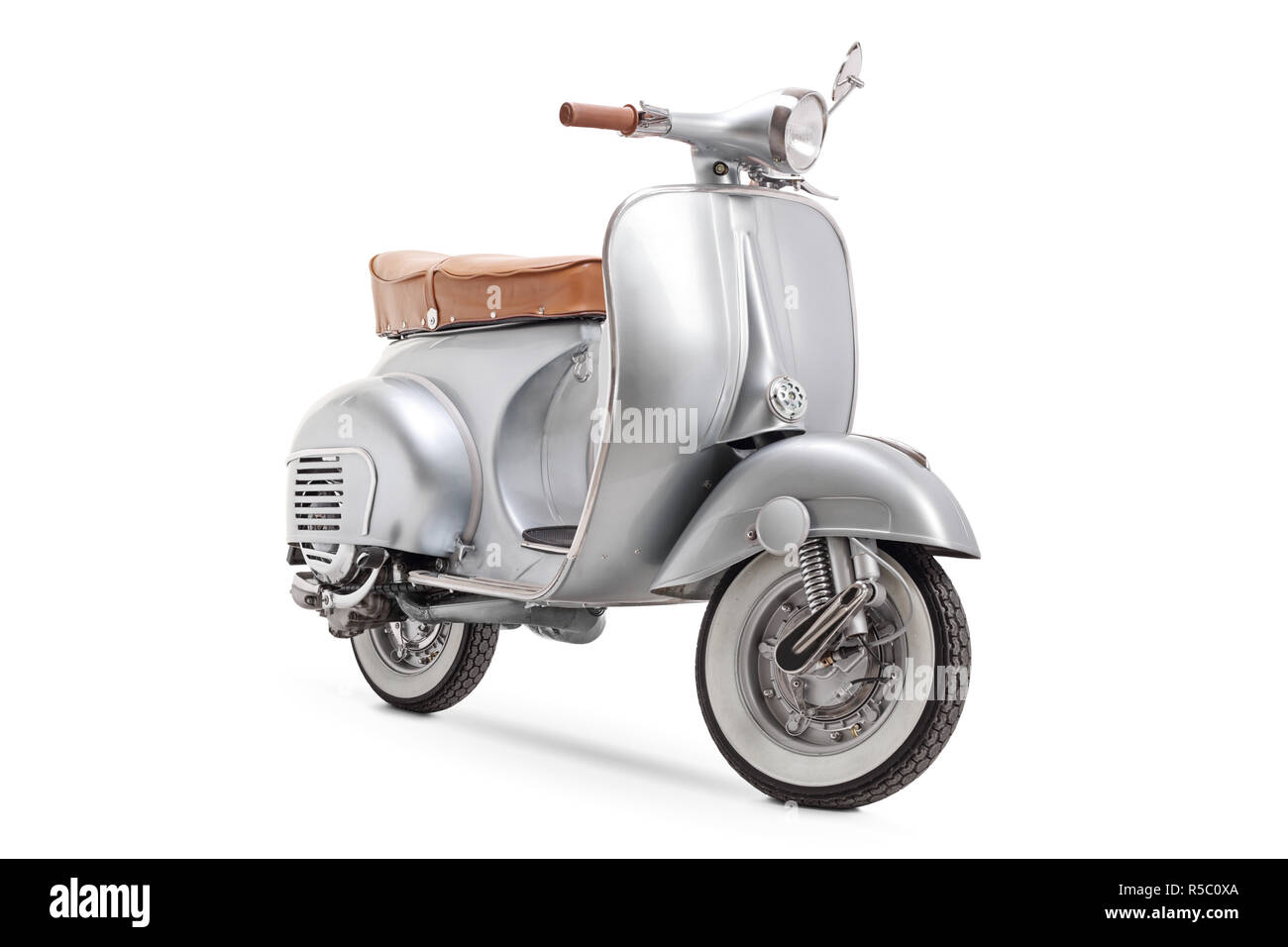 Studio shot of a vintage 1961 VBB 150 Vespa scooter isolated on white background Stock Photo