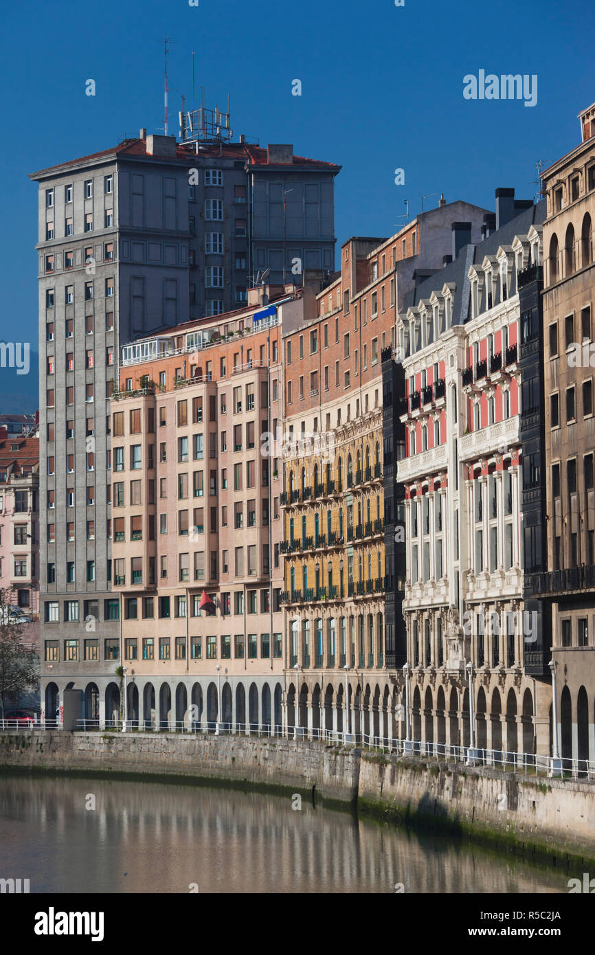 Spain, Basque Country Region, Vizcaya Province, Bilbao, riverfront buildings, central Bilbao Stock Photo