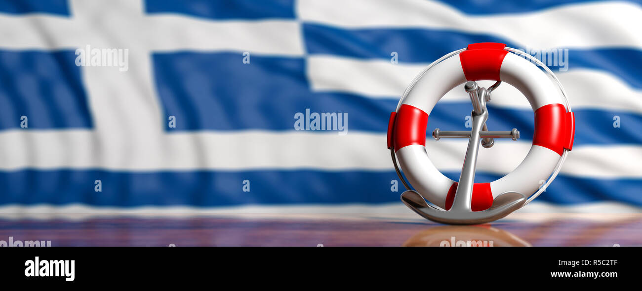 Greece navy merchant trade concept. Lifebuoy and ship anchor on Greek flag background, banner. 3d illustration Stock Photo
