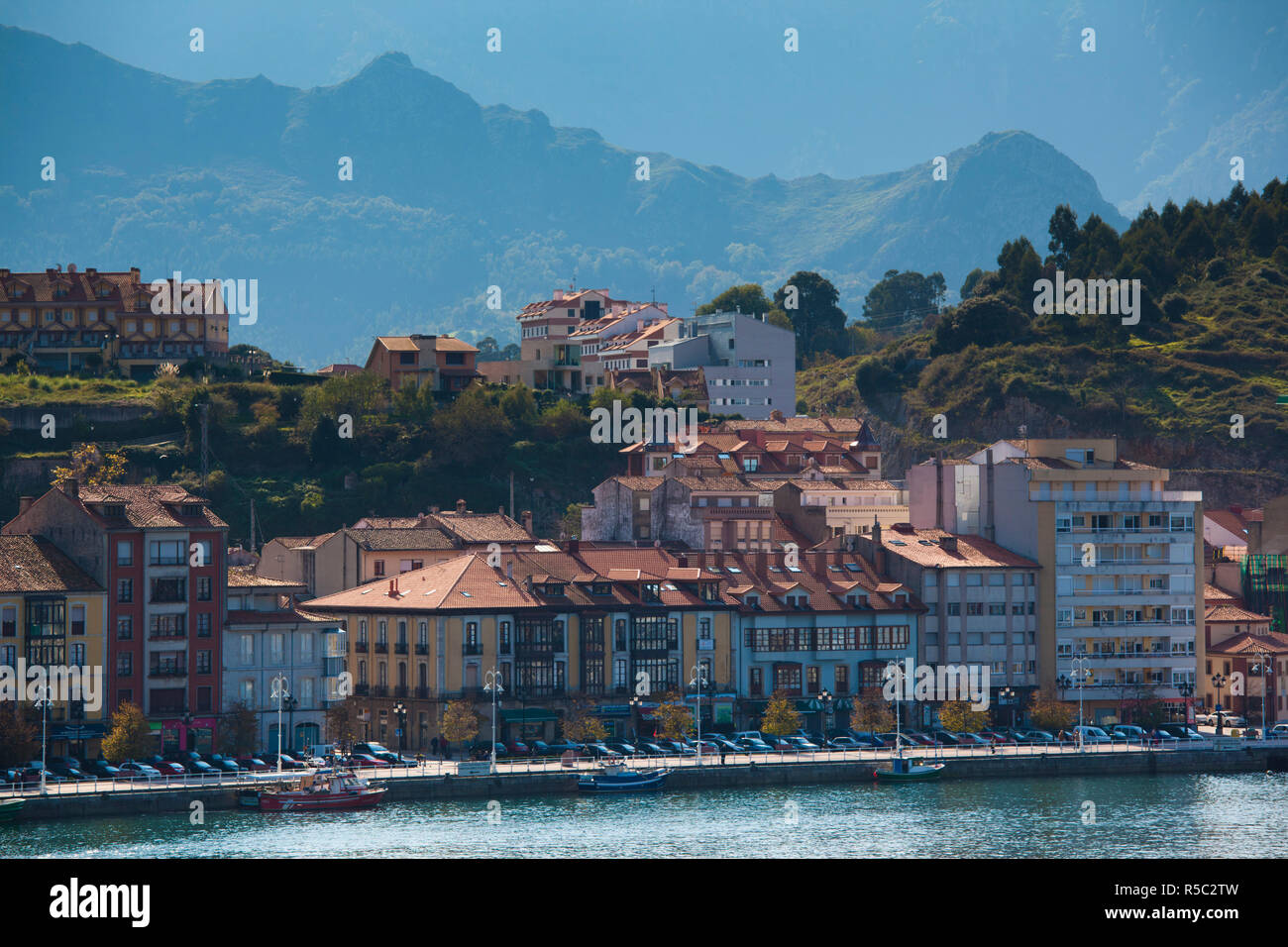 Spain, Asturias Region, Asturias Province, Ribadesella, vacation homes by Playa de Santa Marina beach Stock Photo