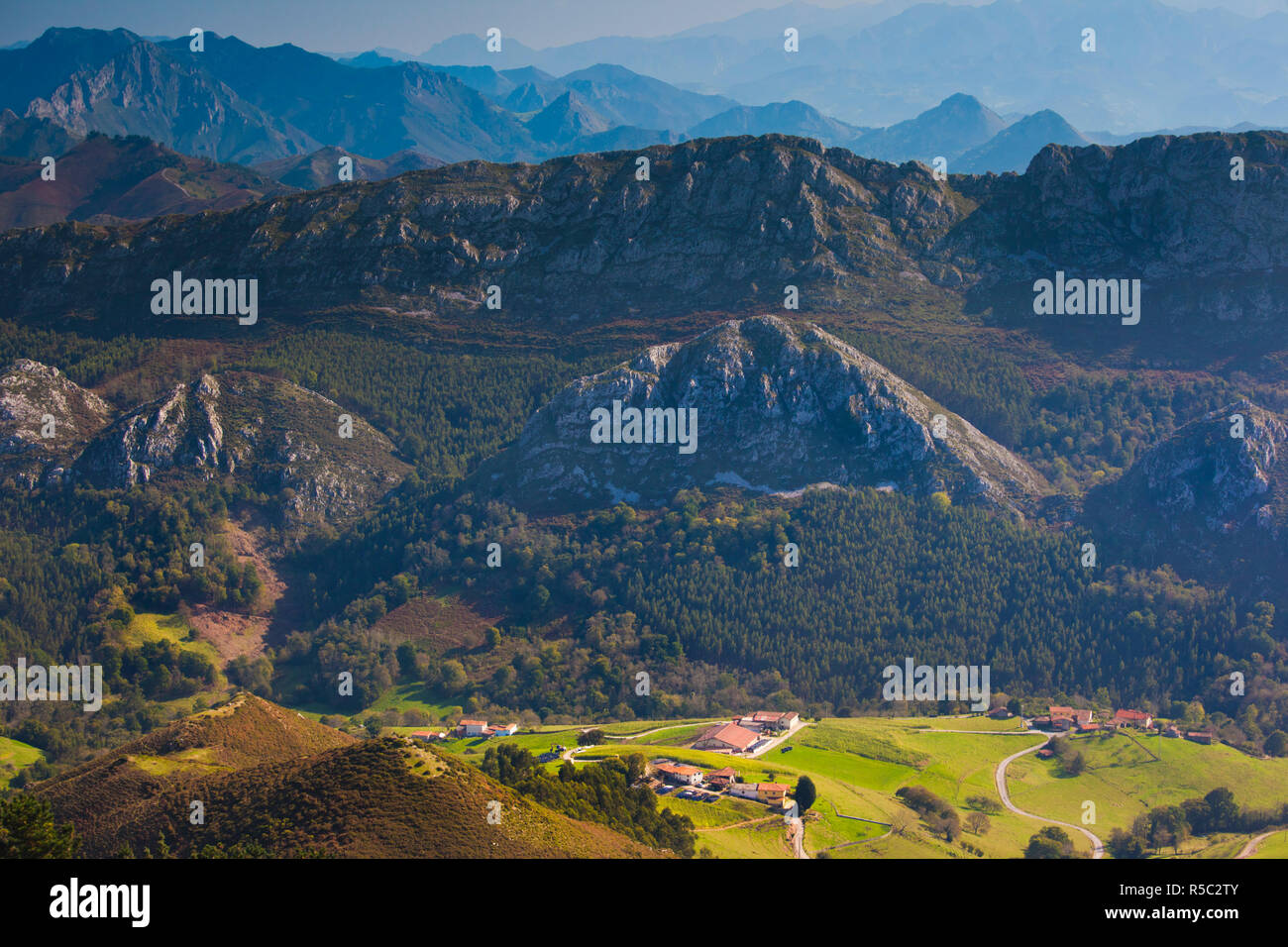 Spain, Asturias Region, Asturias Province, Mirador del Fito, elevated view of the Picos de Europa Stock Photo