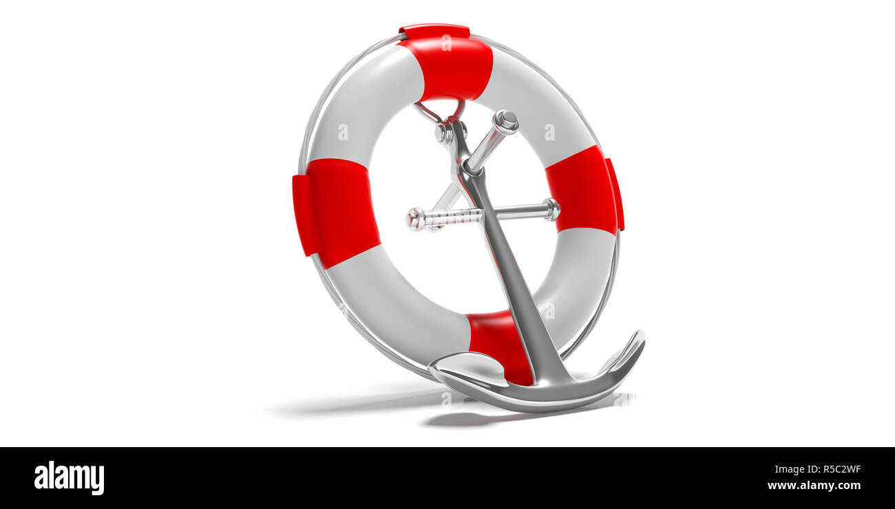 Help, safety on sea concept. Lifebuoy and navy ship anchor isolated on white background. 3d illustration Stock Photo