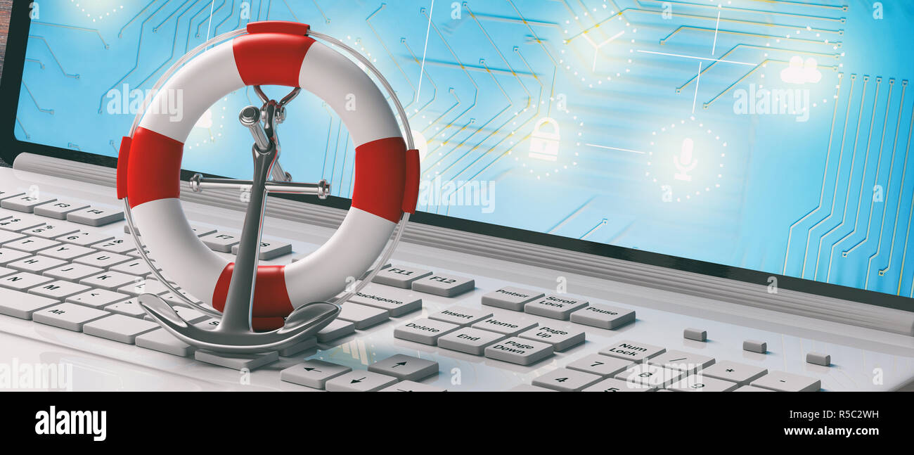 Online help, safety concept. Lifebuoy and navy ship anchor on computer
