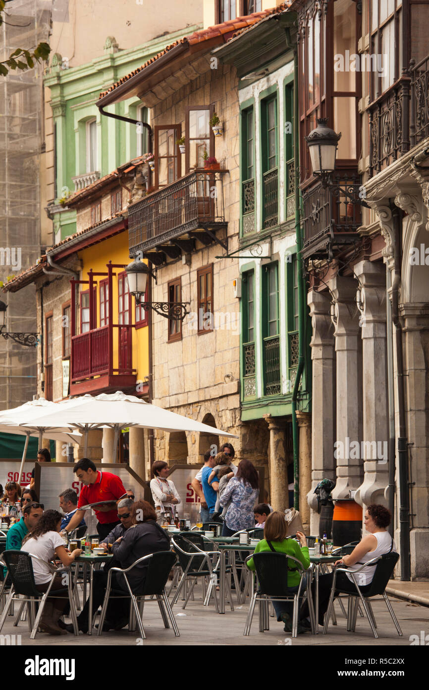 Spain, Asturias Region, Asturias Province, Aviles, Old Town buildings and cafes Stock Photo