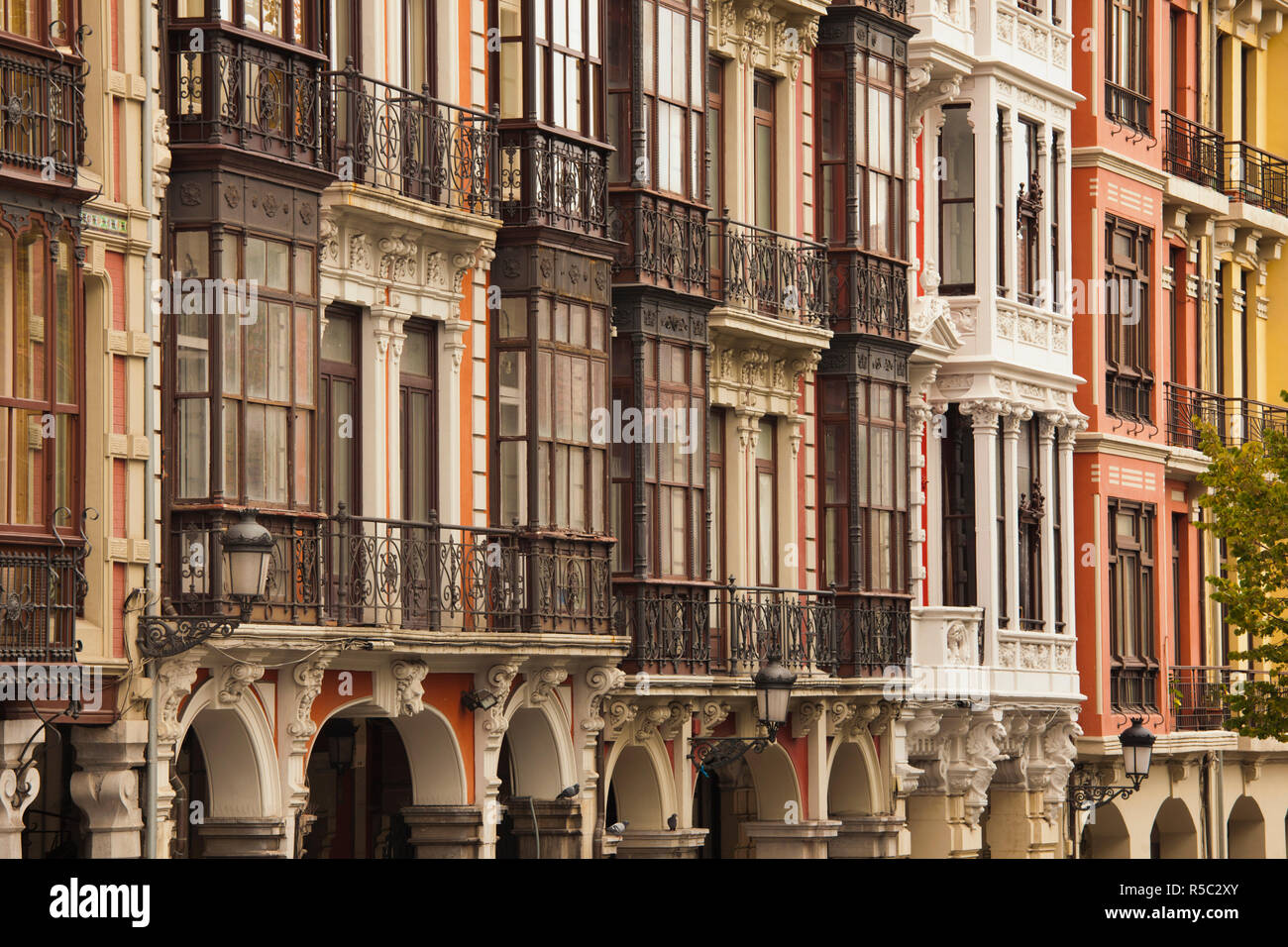 Spain, Asturias Region, Asturias Province, Aviles, Old Town buildings and cafes Stock Photo