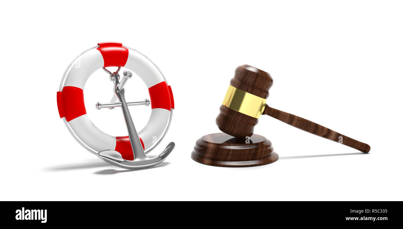 Law of the sea concept. Lifebuoy, navy ship anchor and judge gavel isolated on white background. 3d illustration Stock Photo