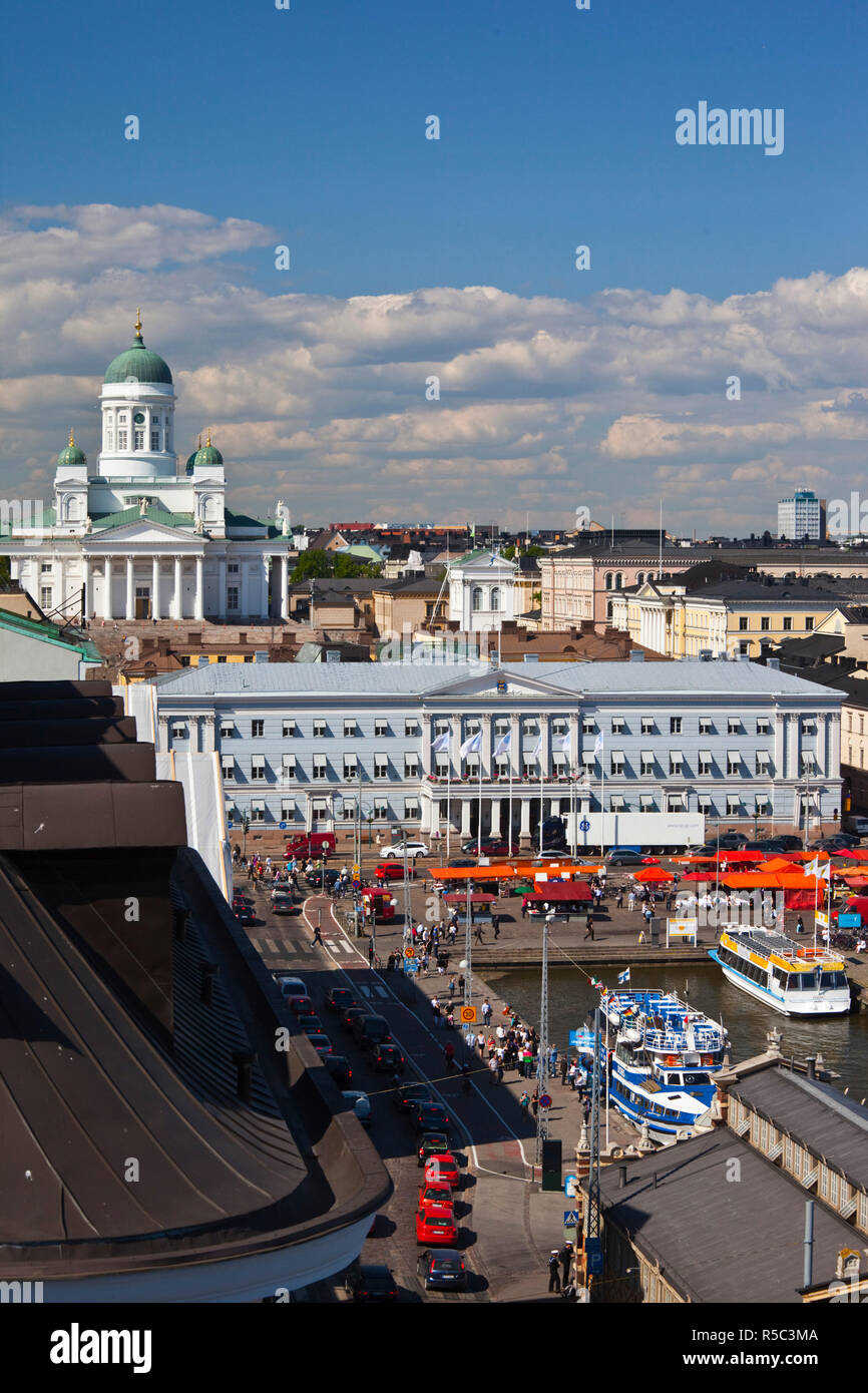 Finland, Helsinki, Helsinki Harbor, Kauppatori area and Tuomiokirko, Lutheran Cathedral, elevated view Stock Photo