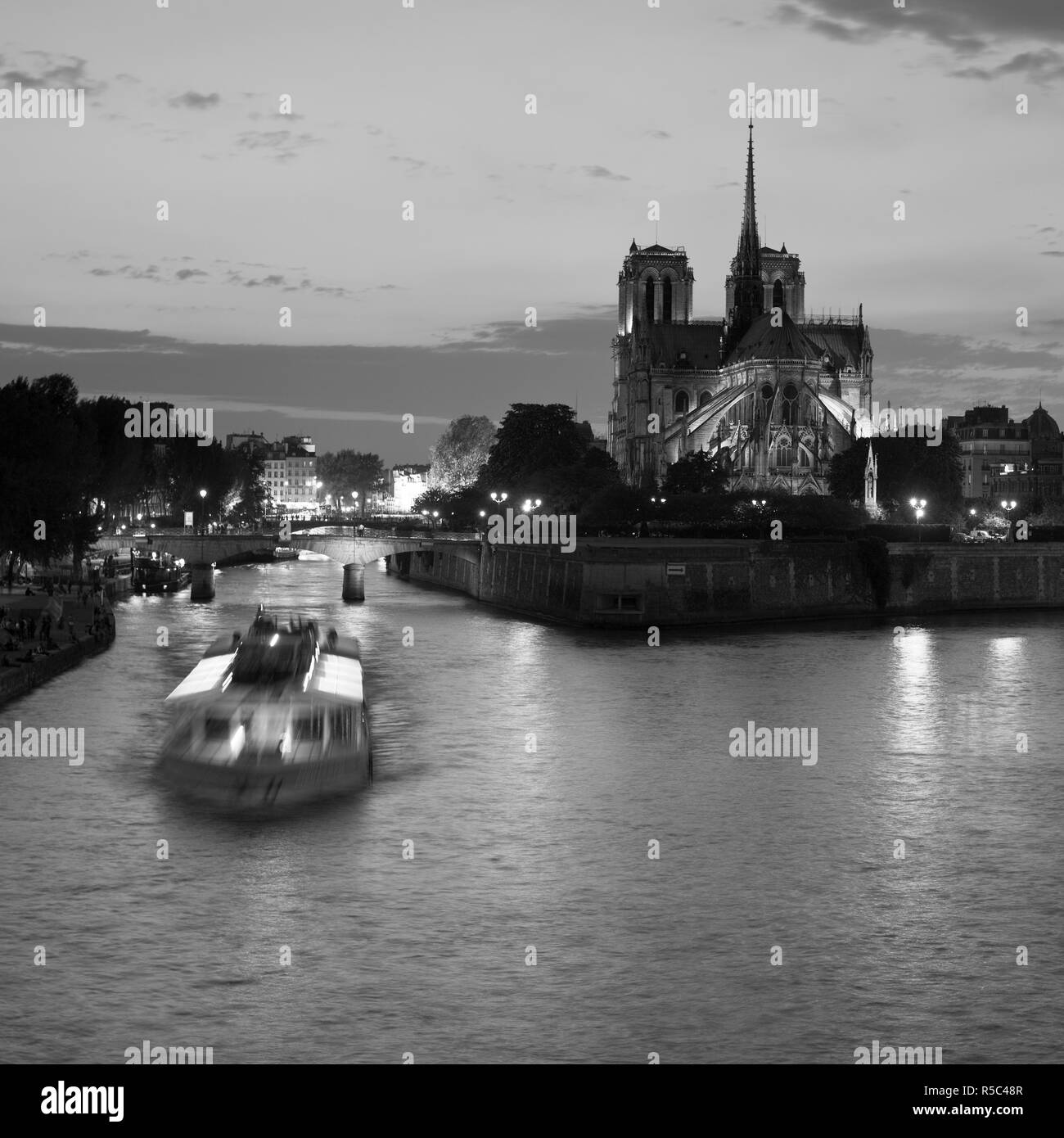 Notre Dame Cathedral & River Seine, Paris, France Stock Photo