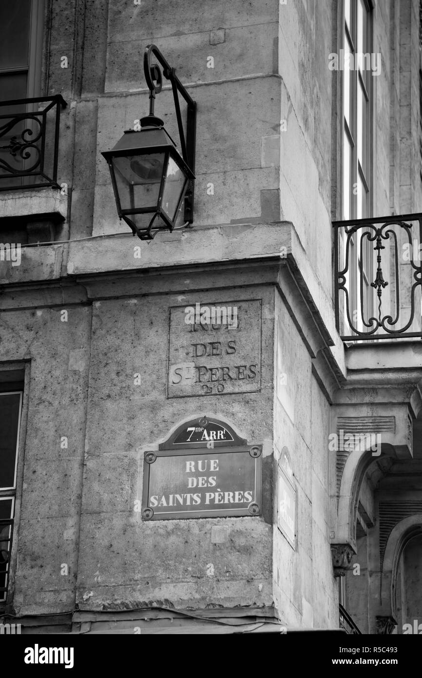 Street sign and building, Rive Guache, Paris, France Stock Photo