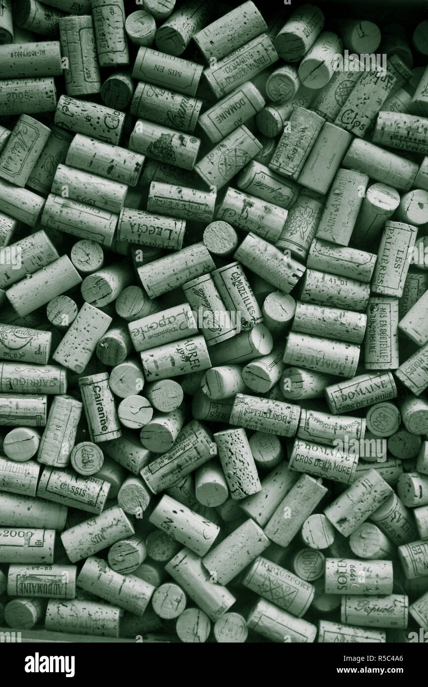 Wine bottle corks in window, Paris, France Stock Photo