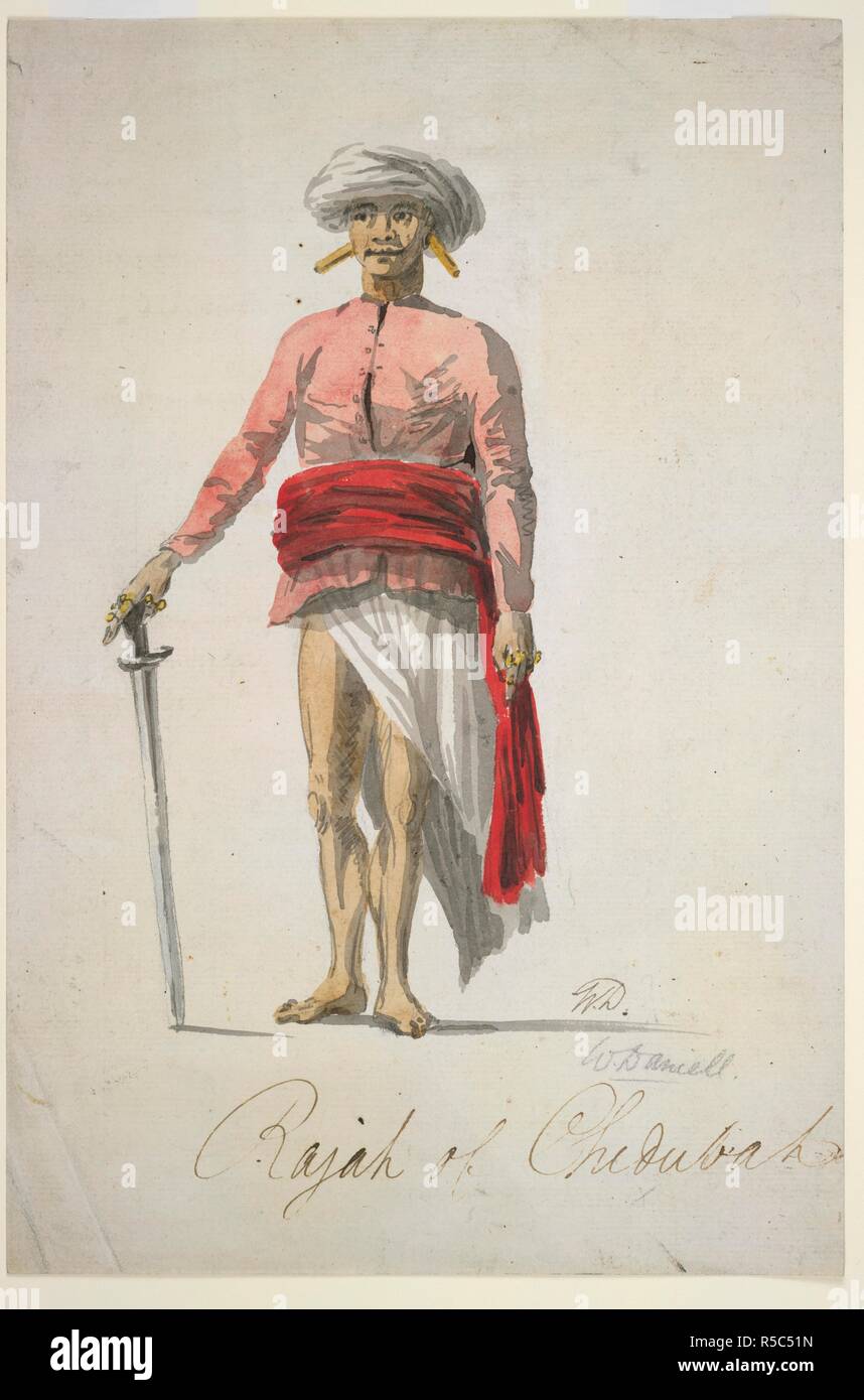 Standing figure. 1785 - 1800. Standing figure in pink tunic and red sash, wearing large tubulur ear-rings. Inscribed 'Rajah of Chedubah. W.D.' Watercolour.; 30.3 by 20 cm. British school.  Originally published/produced in 1785 - 1800. . Source: WD 4301,. Author: DANIELL, WILLIAM. Stock Photo