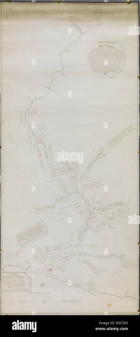 A plan of the St. John River. A PLAN of the RIVER St IOHN whereon is delineated the several Alotments of Land Granted and laid out to be Granted Loyal Emigrants and disbanded Corps. [Halifax?] : Charles Morris S. Genl., 1784. Source: Maps K.Top.119.49. Language: English. Stock Photo