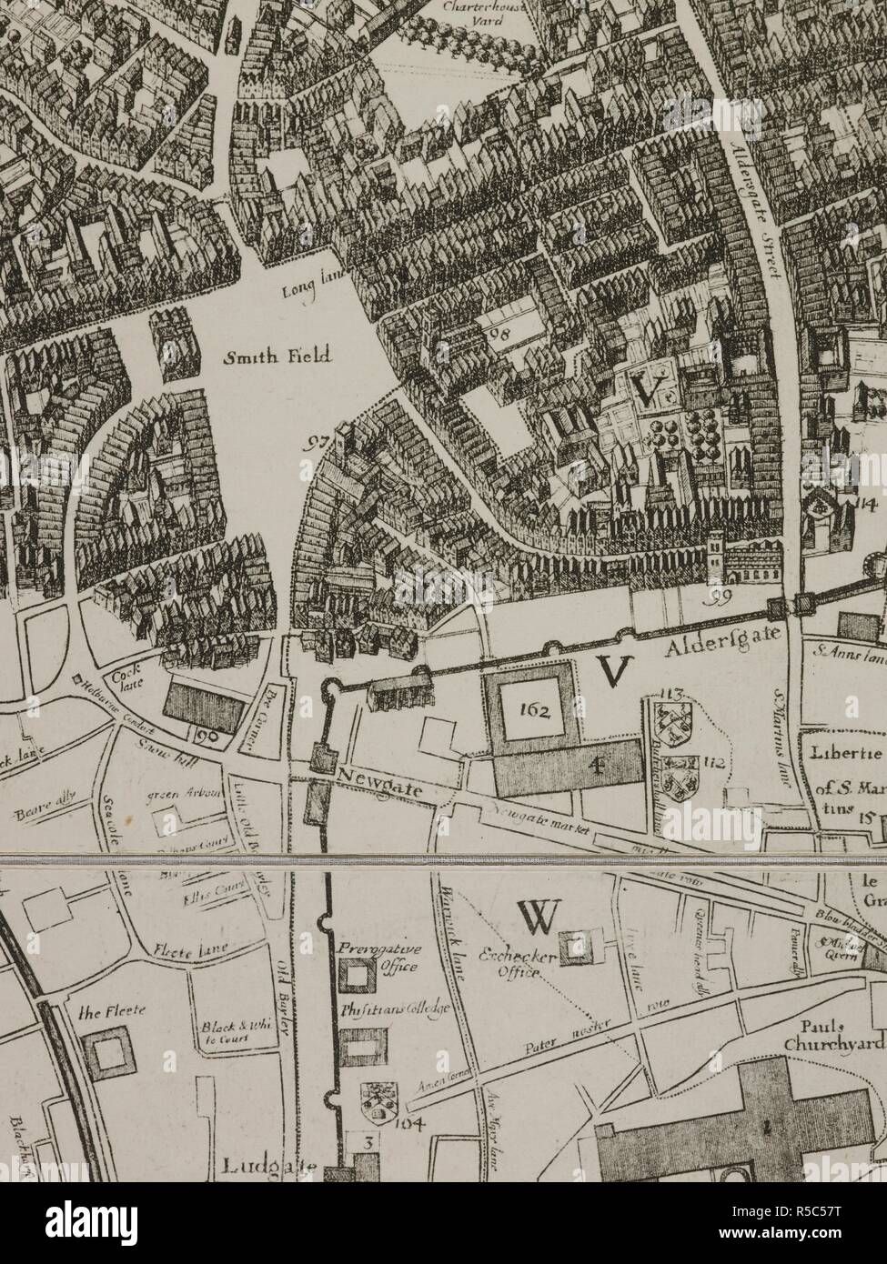 A detail of a map of the area around Smithfield, Ludgate, and Aldersgate from a close study of the ruins of the city of London after the Great Fire of London, 1666. . An exact Surveigh of the Streets, Lanes, and Churches contained within the ruines of the City of London, first described in six plats ... Reduced here into one entire plat by John Leake ... Jonas Moore & Ralph Graterix, Surveyors. Wenceslaus Hollar fecit, 1667. A scale of feet, 500[ = 42 mm]. England 1669. 2 sh. 415 x 530 mm.; A scale of feet, 500[ = 42 mm]. Source: Maps 3485 (243) (Detail). Language: English. Stock Photo