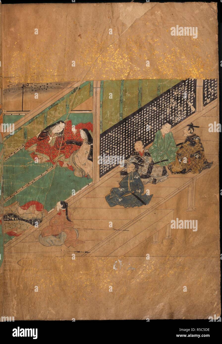 Men sitting on a verandah. Hachikazuki ('Tale of Hachikazuki'). early Edo period (1640-1680). From a manuscript telling the story of a princess forced to wear a bowl on her head and later finding fame and fortune through the divine help of the goddess Kannon.  Image taken from Hachikazuki ('Tale of Hachikazuki').  Originally published/produced in early Edo period (1640-1680). . Source: Or. 12897 volume 1, f.21v. Language: Japanese. Stock Photo