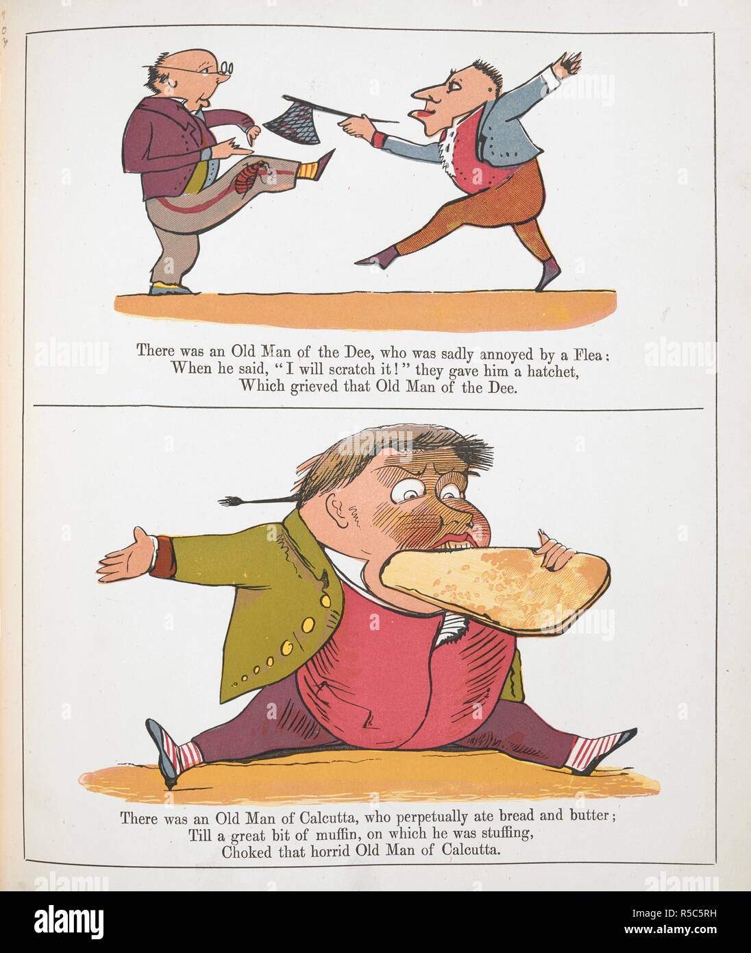 There was an old man of the Dee ... There was an old man of Calcutta ... A Book of Nonsense. [With illustrations.]. London : Frederick Warne & Co., [1885?]. Source: 12332.dd.21 page 103. Author: LEAR, EDWARD. Stock Photo