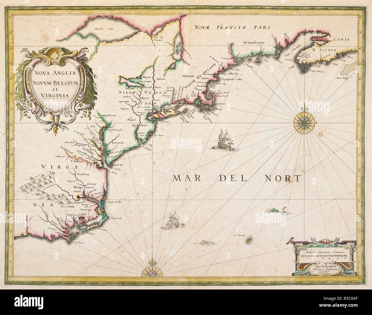 A map of New England, New Belgium and Virginia. NOVA ANGLIA NOVVM BELGIVM et VIRGINIA. Amstelodami [Amsterdam] : Johannes Janssonius Excudit, [between 1636 and 1647.]. Source: Maps K.Top.120.9. Language: Latin. Stock Photo